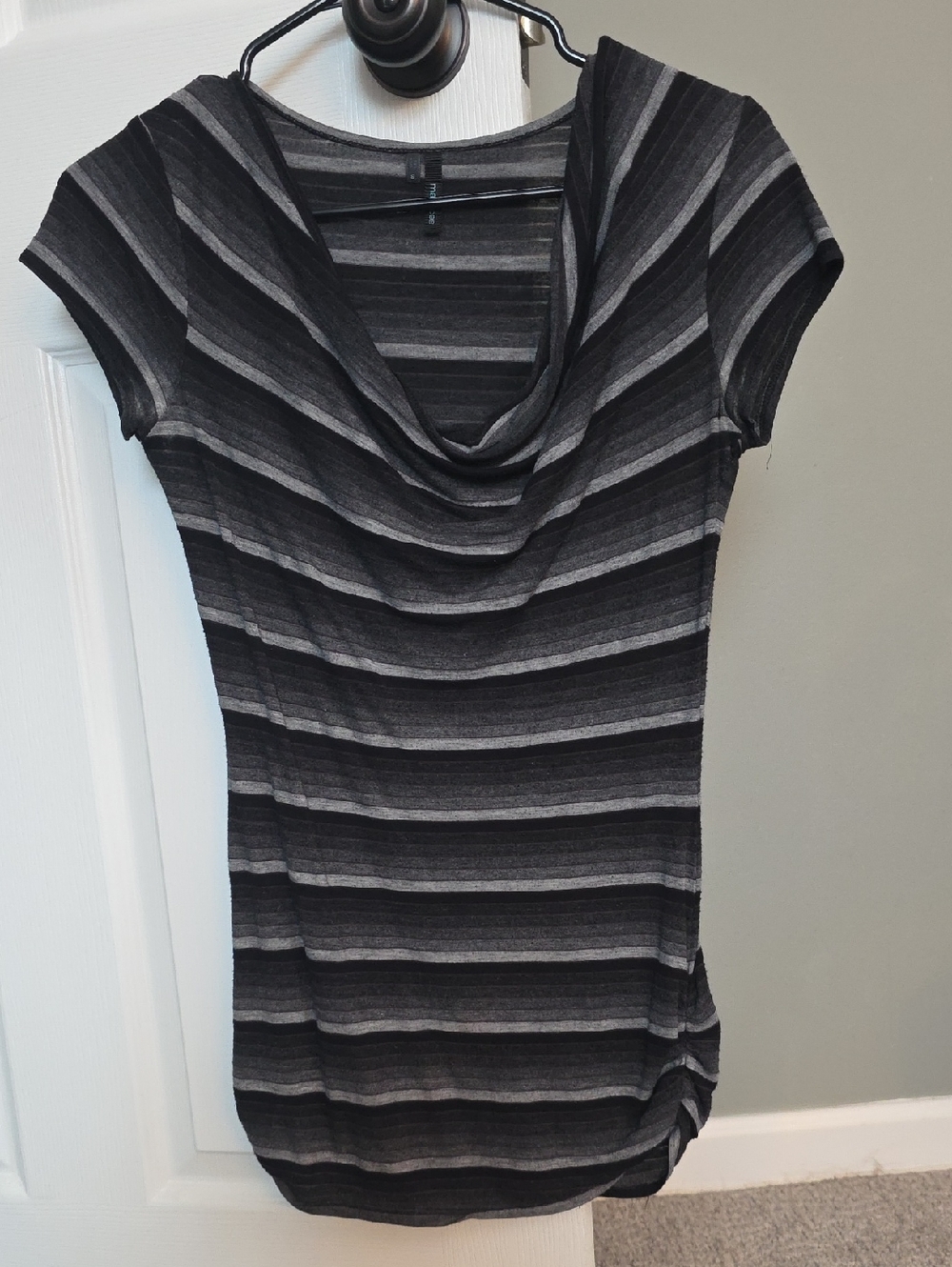 Maurices Black & Gray Striped Draped Cowl Neck Ruched Short Sleeve Top